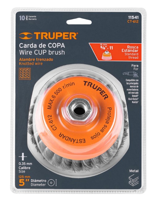 Carda copa 5" alambre trenzado fino, eje 5/8"-11