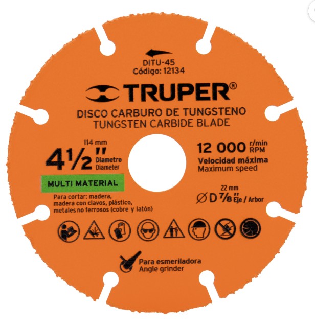 DISCO 4-1/2" MULTIMATERIAL DE CARBURO DE TUNGSTENO.