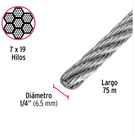 CABLE DE ACERO 1/4" 7X19 HILOS SIN RECUBIERTA