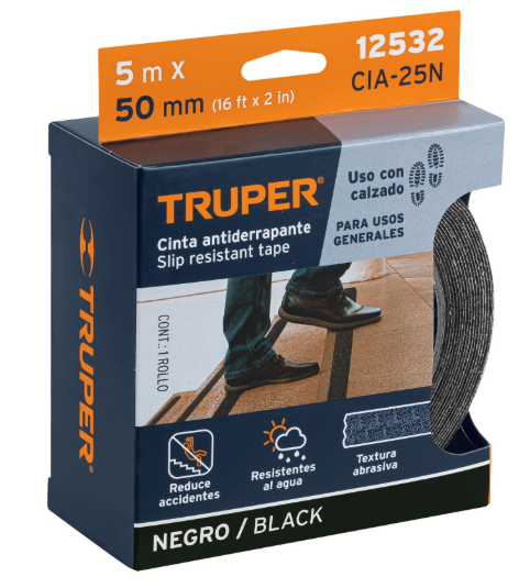 ROLLO DE 5 M DE CINTA ANTIDERRAPANTE NEGRA 50MM CON ABRASIVO