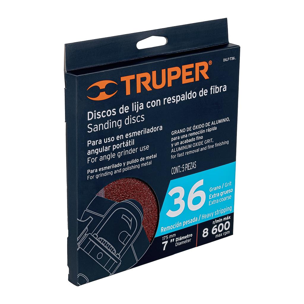 DISCO DE LIJA DE 7' CON RESPALDO DE FIBRA, GRANO 36, TRUPER